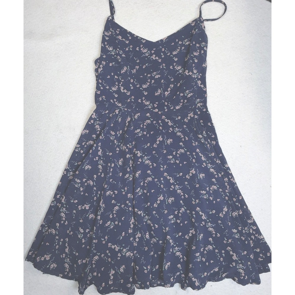 Women's Navy Blue Floral Mini Dress L Lace Up Back Spaghetti Strap Fit Flare